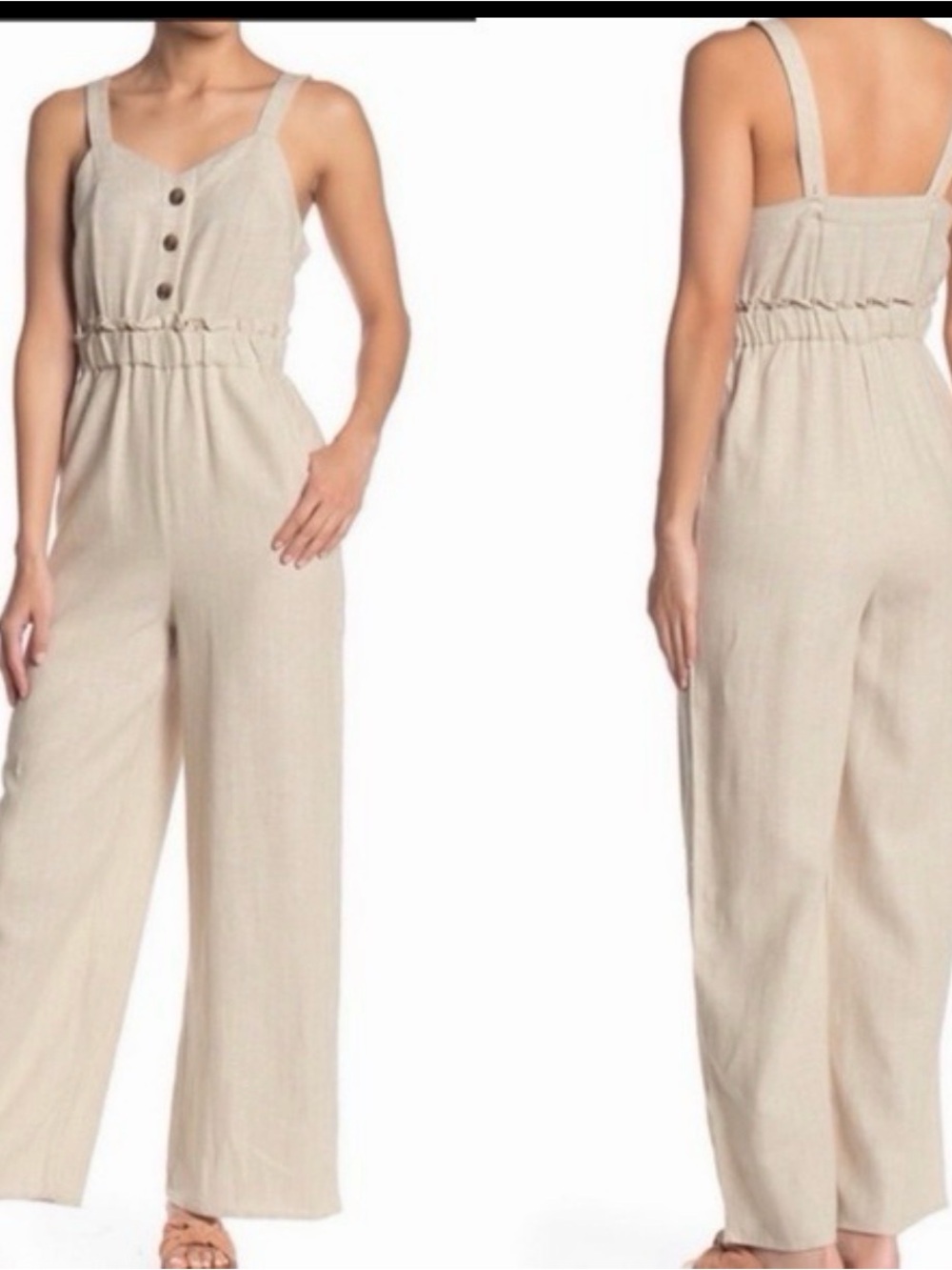 Romeo & Juliet Beige Jumpsuit Womens Large Paperbag Ruffle Elastic Waist